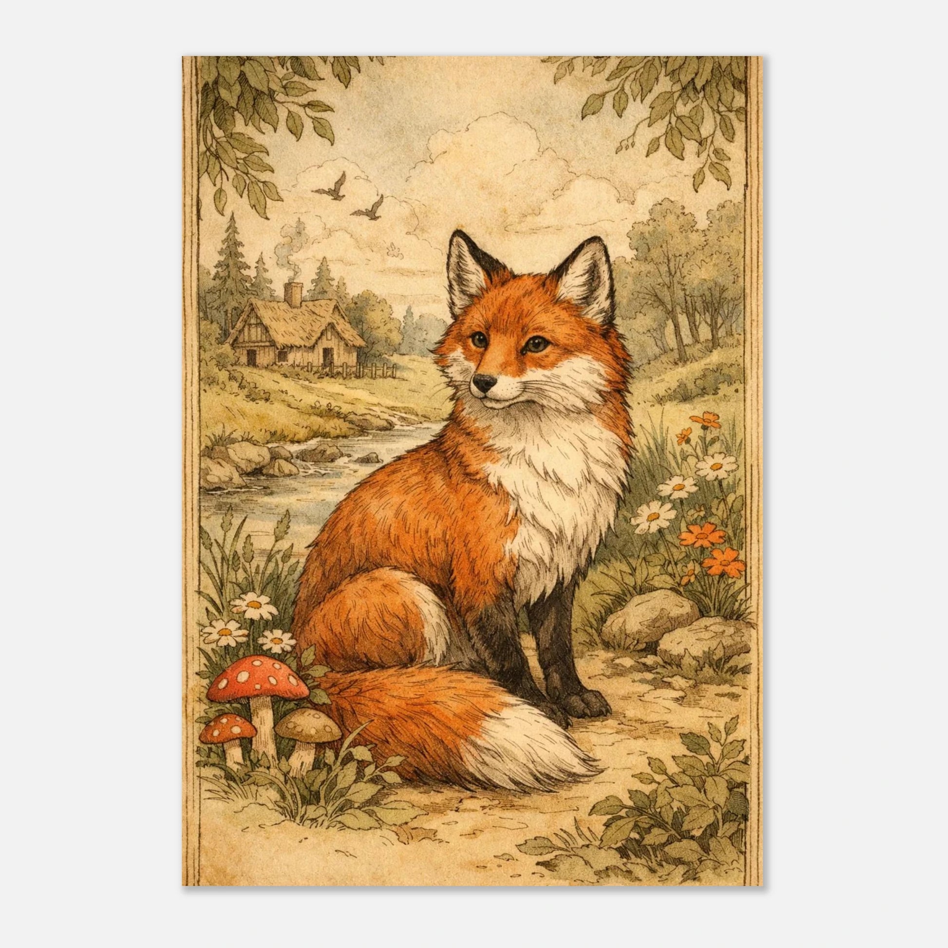 Inramad rävposter i vintage-stil med fokus på djurets intelligenta blick