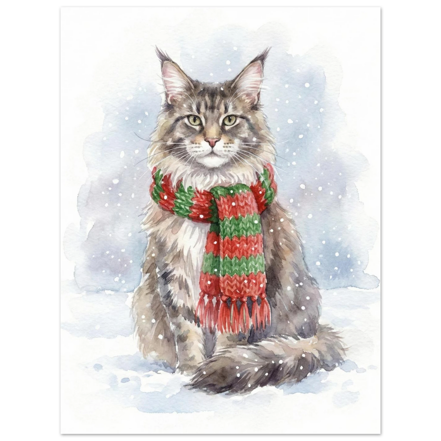 Ståtlig katt i snöväder med julig halsduk, konstnärligt canvastryck