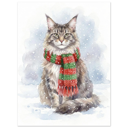 Ståtlig katt i snöväder med julig halsduk, konstnärligt canvastryck