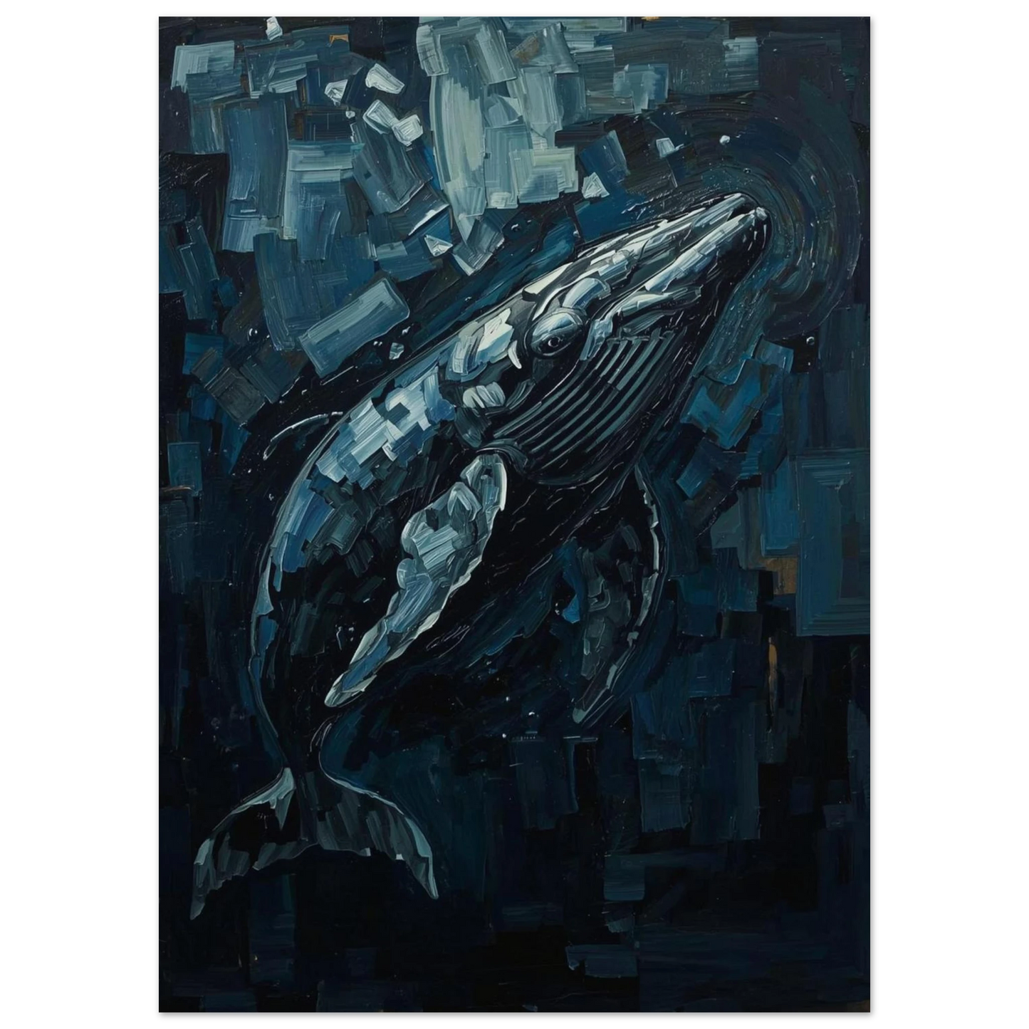 Närbild på expressionistiska penseldrag som formar en val i djupt vatten
