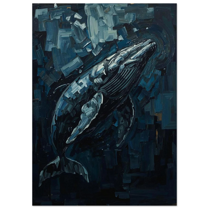 Närbild på expressionistiska penseldrag som formar en val i djupt vatten