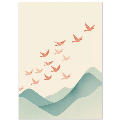 Illustration av flygande fåglar i formation mot en beige bakgrund