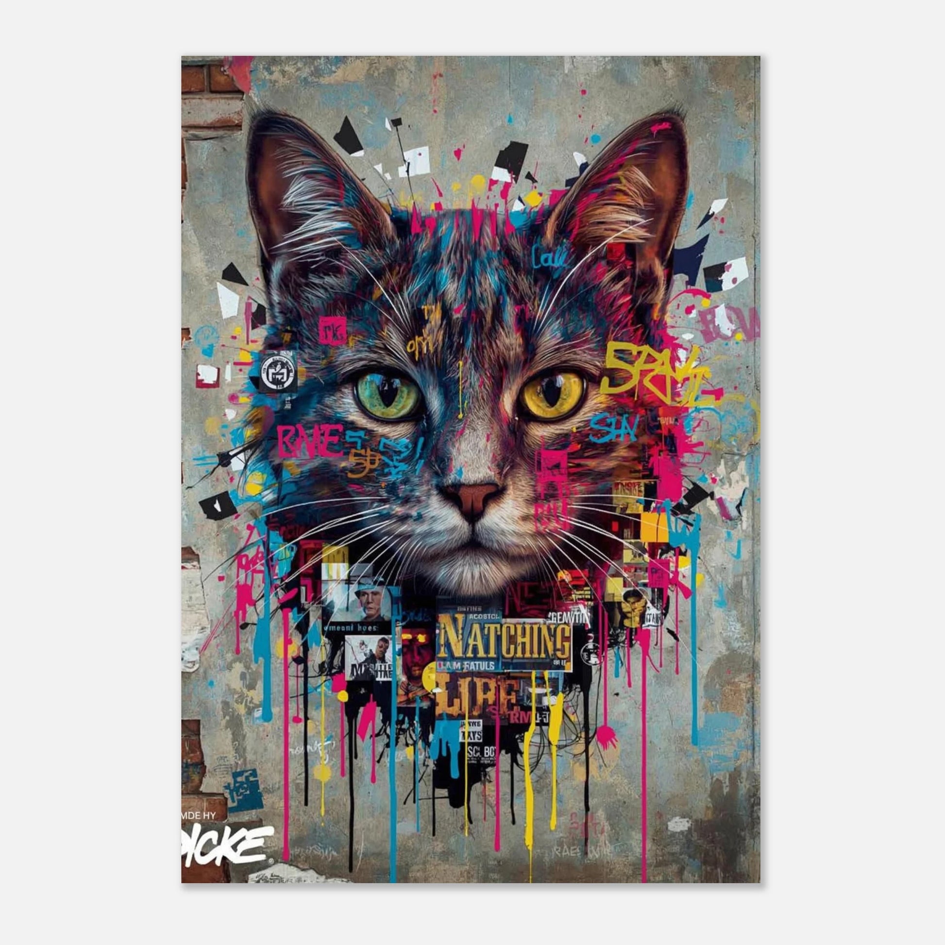 Grafiskt kattmotiv med droppande färg och urbana textelement i starka färger