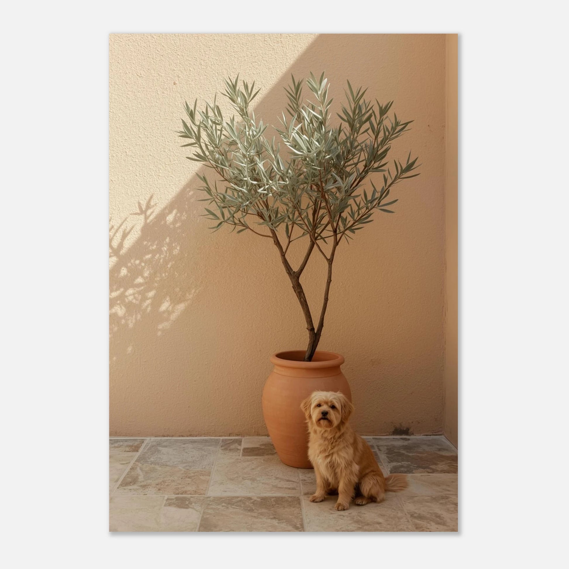 Sittande hund bredvid krukväxt på stengolv, minimalistisk djurposter i solljus