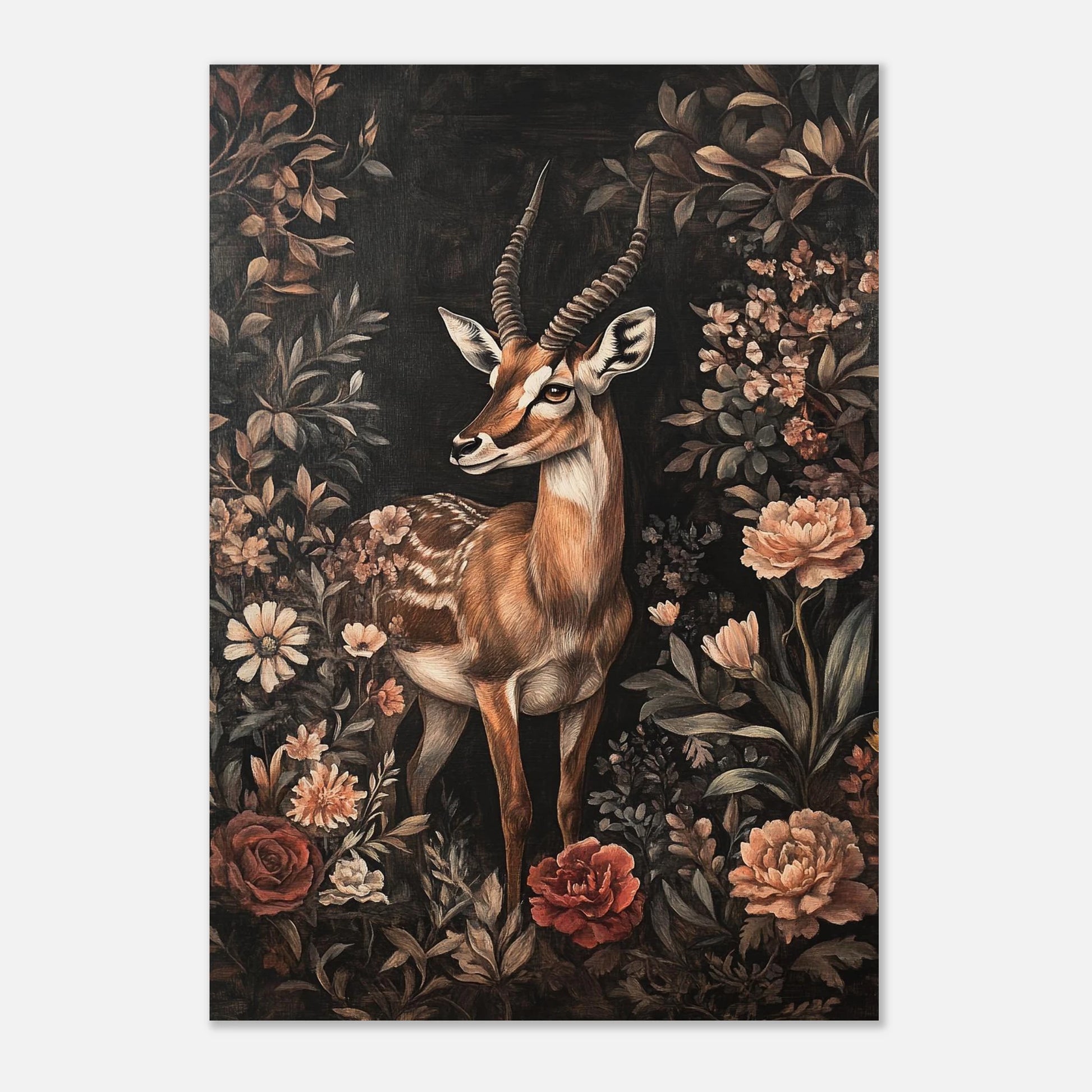 Antilop i mörk blomsterträdgård, mystisk och elegant djurposter