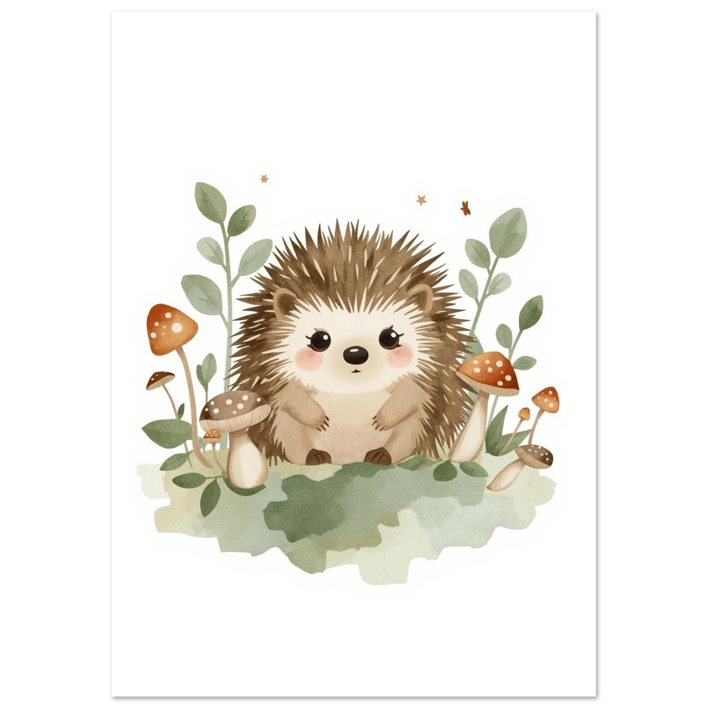 Illustration av en liten igelkott omgiven av naturmotiv och stjärnor
