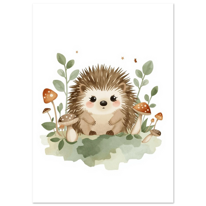 Illustration av en liten igelkott omgiven av naturmotiv och stjärnor