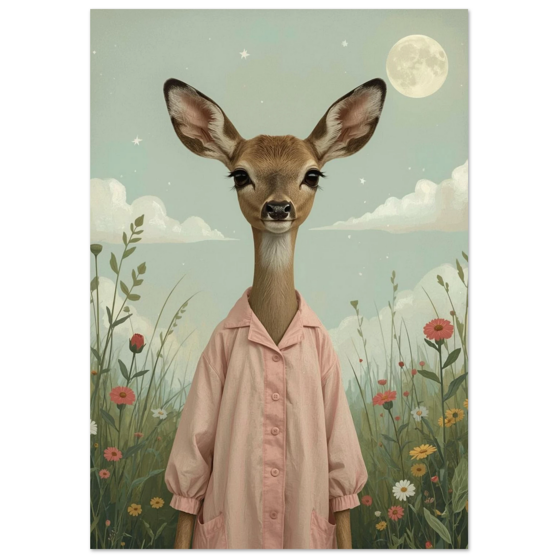 Rådjur i rosa skjorta på blomsteräng under fullmåne – sagoaktig illustration