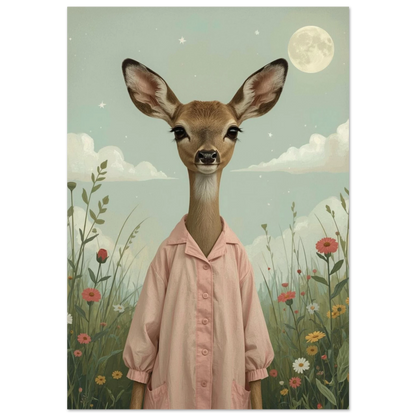 Rådjur i rosa skjorta på blomsteräng under fullmåne – sagoaktig illustration