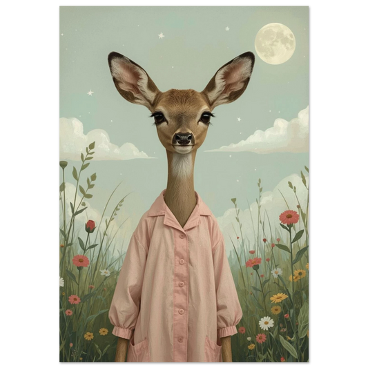Rådjur i rosa skjorta på blomsteräng under fullmåne – sagoaktig illustration