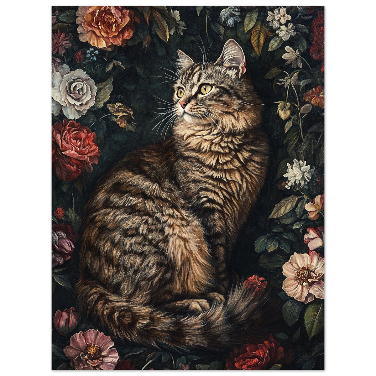 Sittande katt i en förtrollad trädgård med vintagekänsla – botaniskt djurmotiv