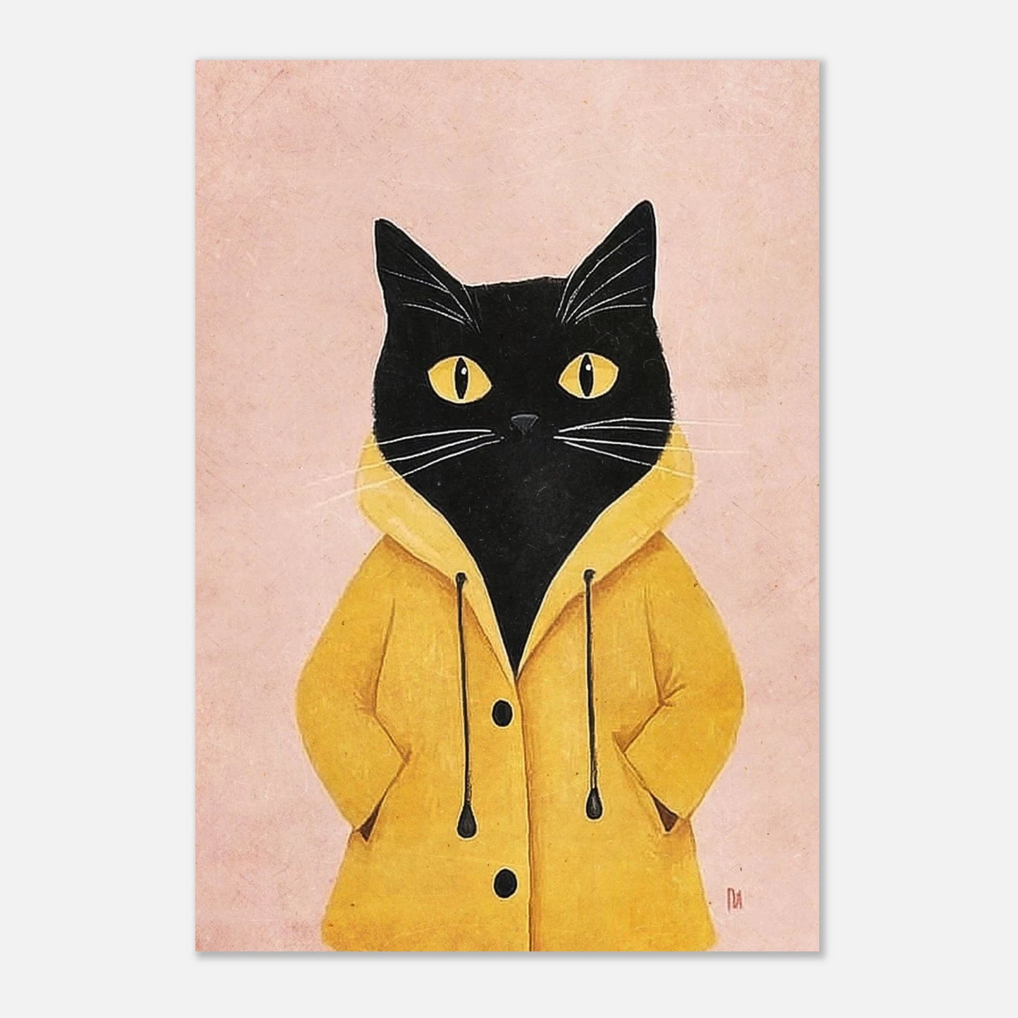 Inramad poster med katt i gul regnrock, lekfullt konsttryck