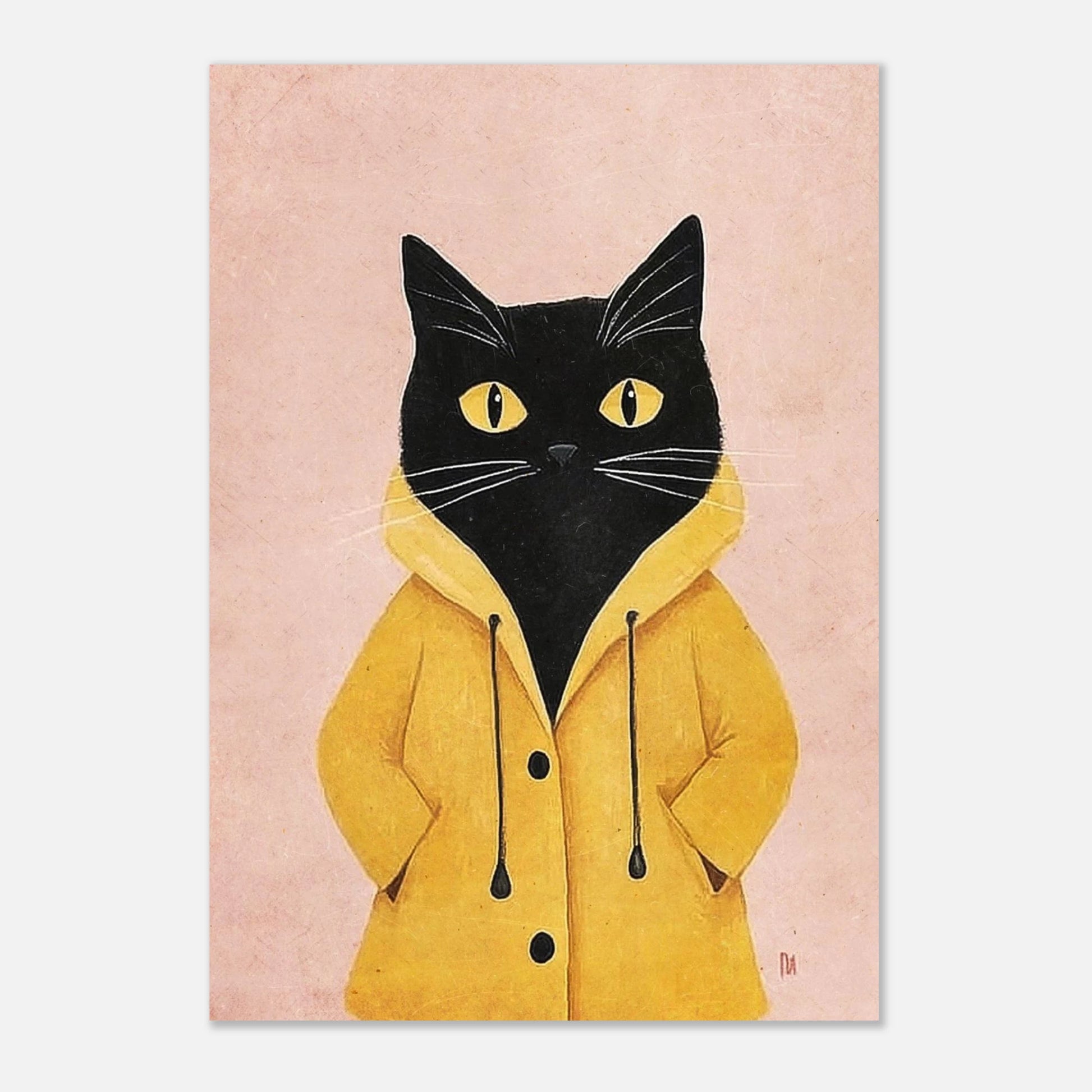 Inramad poster med katt i gul regnrock, lekfullt konsttryck