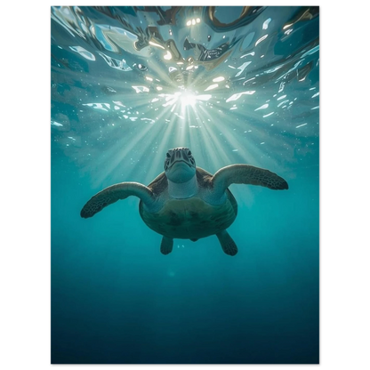 Närbild på simmande sköldpadda i motljus, akvatiskt naturmotiv på poster