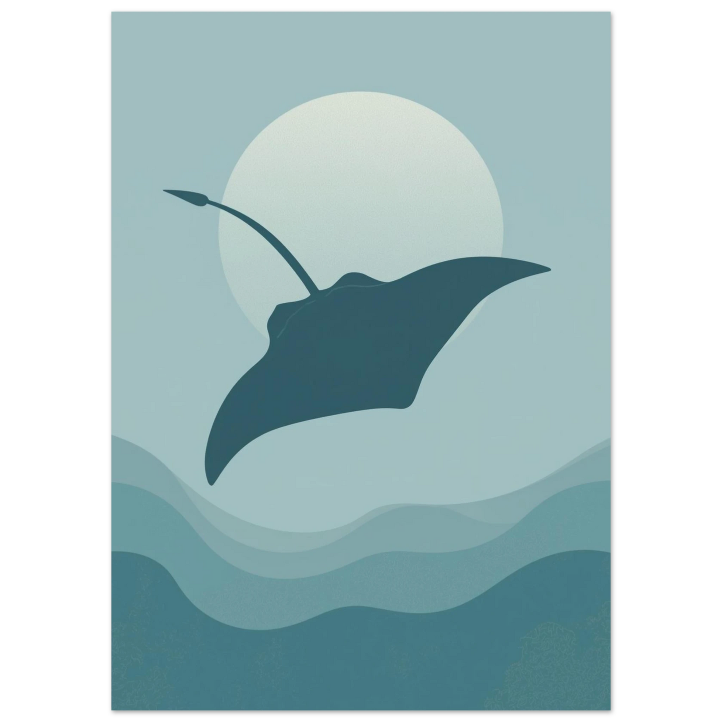 Stiliserad marin illustration av en mantarocka i dämpade blå nyanser