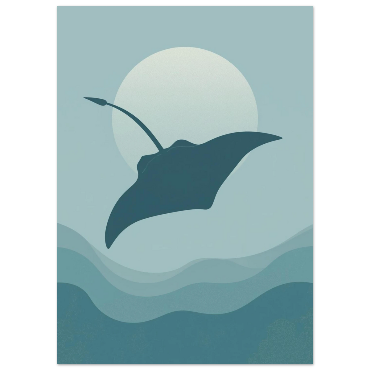 Stiliserad marin illustration av en mantarocka i dämpade blå nyanser
