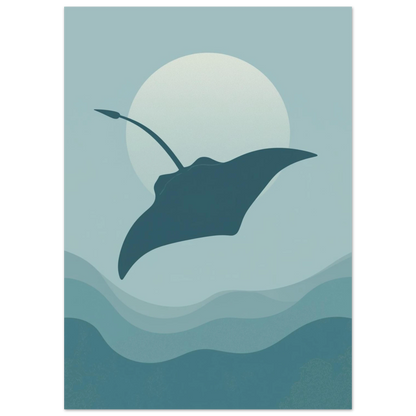 Stiliserad marin illustration av en mantarocka i dämpade blå nyanser