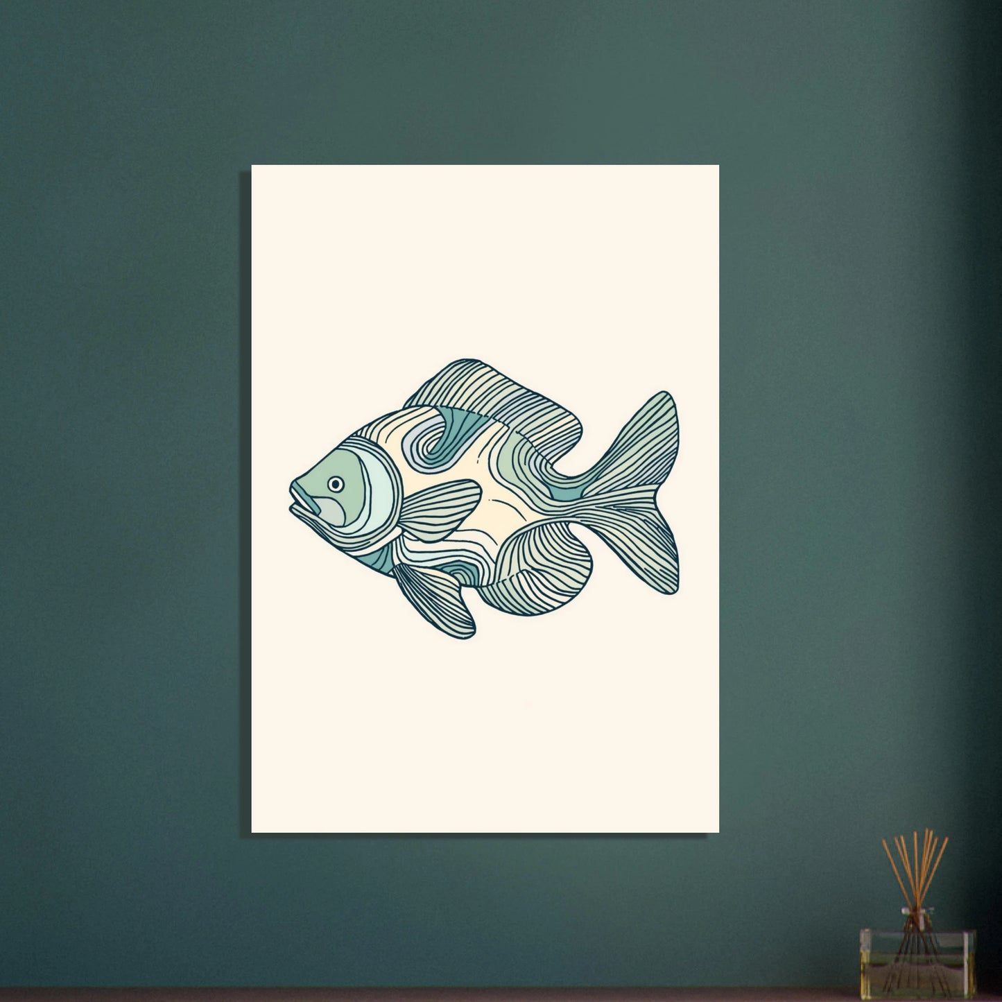 Stiliserad fisk med flytande konturlinjer, konstnärlig och harmonisk design.