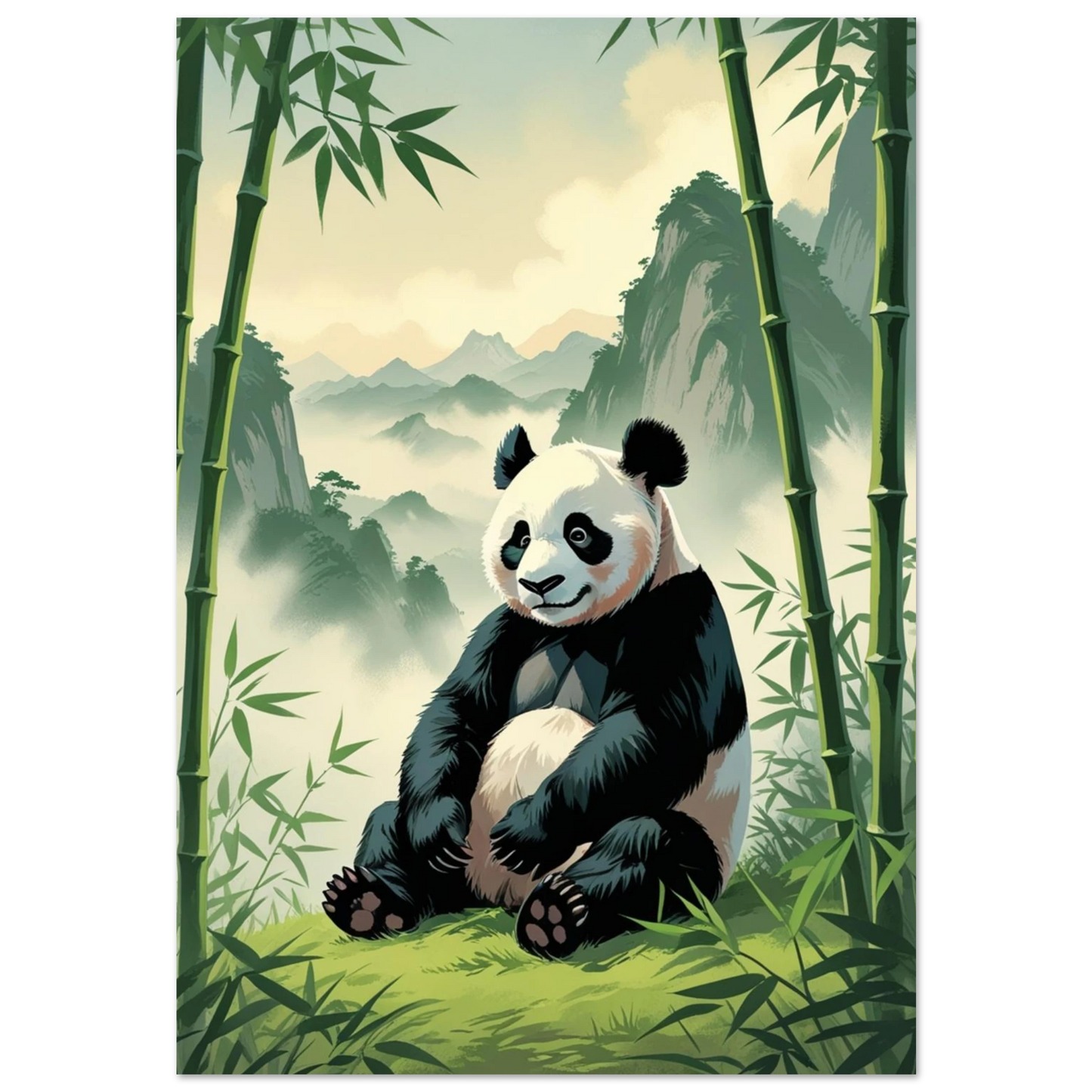 Sittande panda i grönskande bambuskog med dimmiga berg – vintageinspirerad djurposter