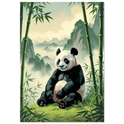 Sittande panda i grönskande bambuskog med dimmiga berg – vintageinspirerad djurposter