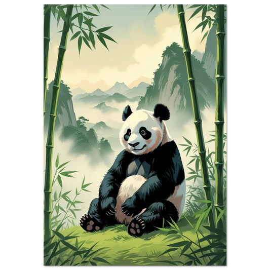 Sittande panda i grönskande bambuskog med dimmiga berg – vintageinspirerad djurposter