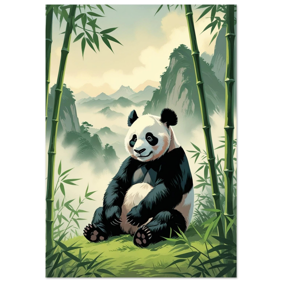 Sittande panda i grönskande bambuskog med dimmiga berg – vintageinspirerad djurposter