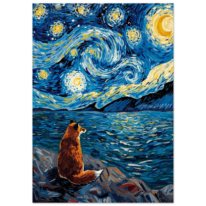 Oljemålning med rävmotiv i Van Gogh-stil vid glittrande nattligt vatten