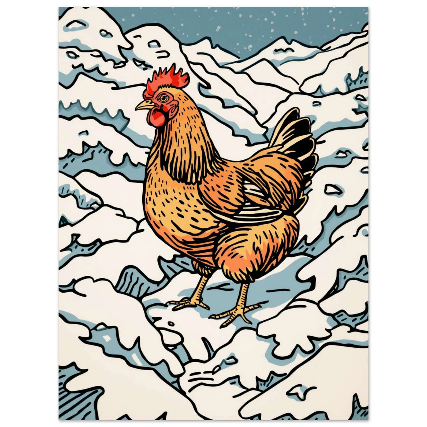 Vintermotiv med en höna i kontrastrik grafisk stil och snöfall