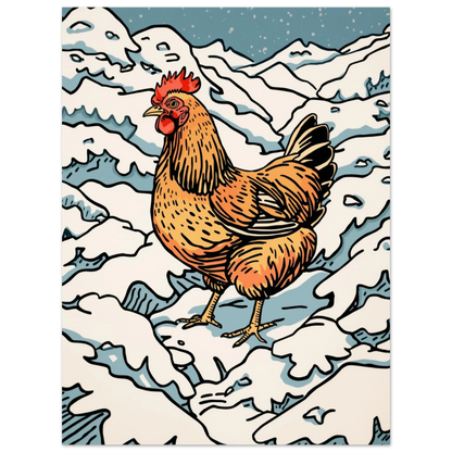 Vintermotiv med en höna i kontrastrik grafisk stil och snöfall