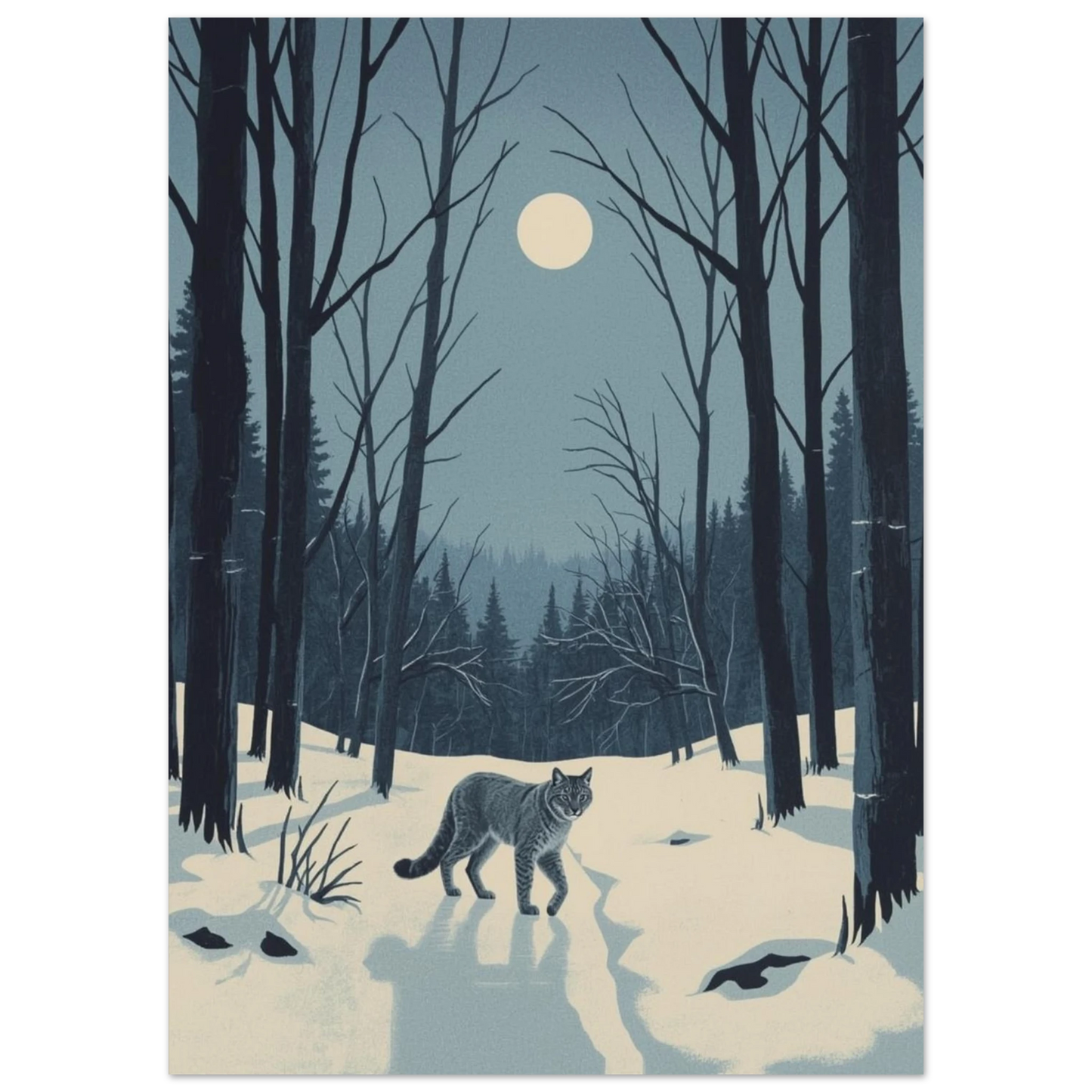 Nordisk vildmark med lodjur i vinternatt – illustration i retrostil