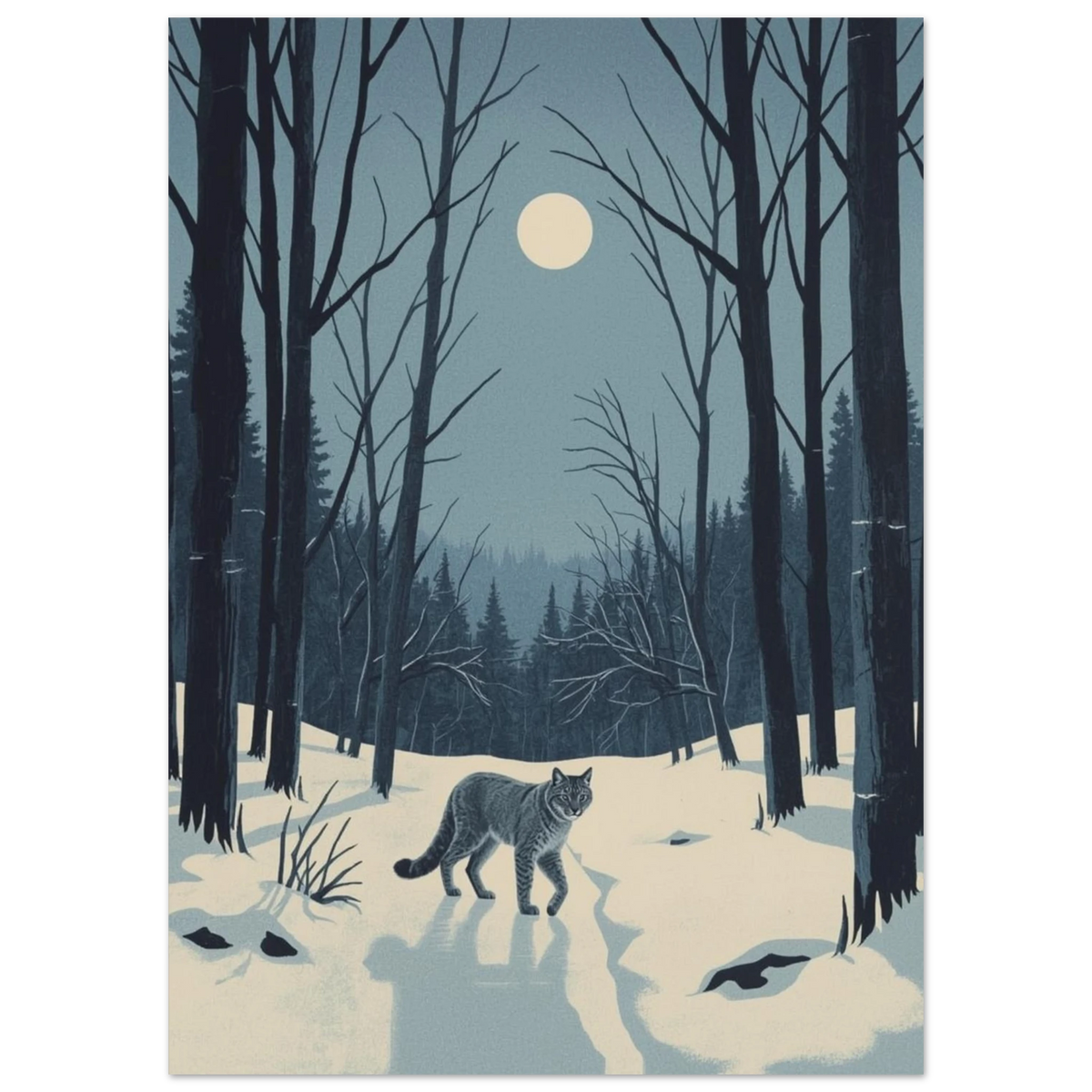 Nordisk vildmark med lodjur i vinternatt – illustration i retrostil