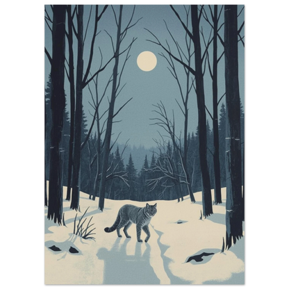Nordisk vildmark med lodjur i vinternatt – illustration i retrostil