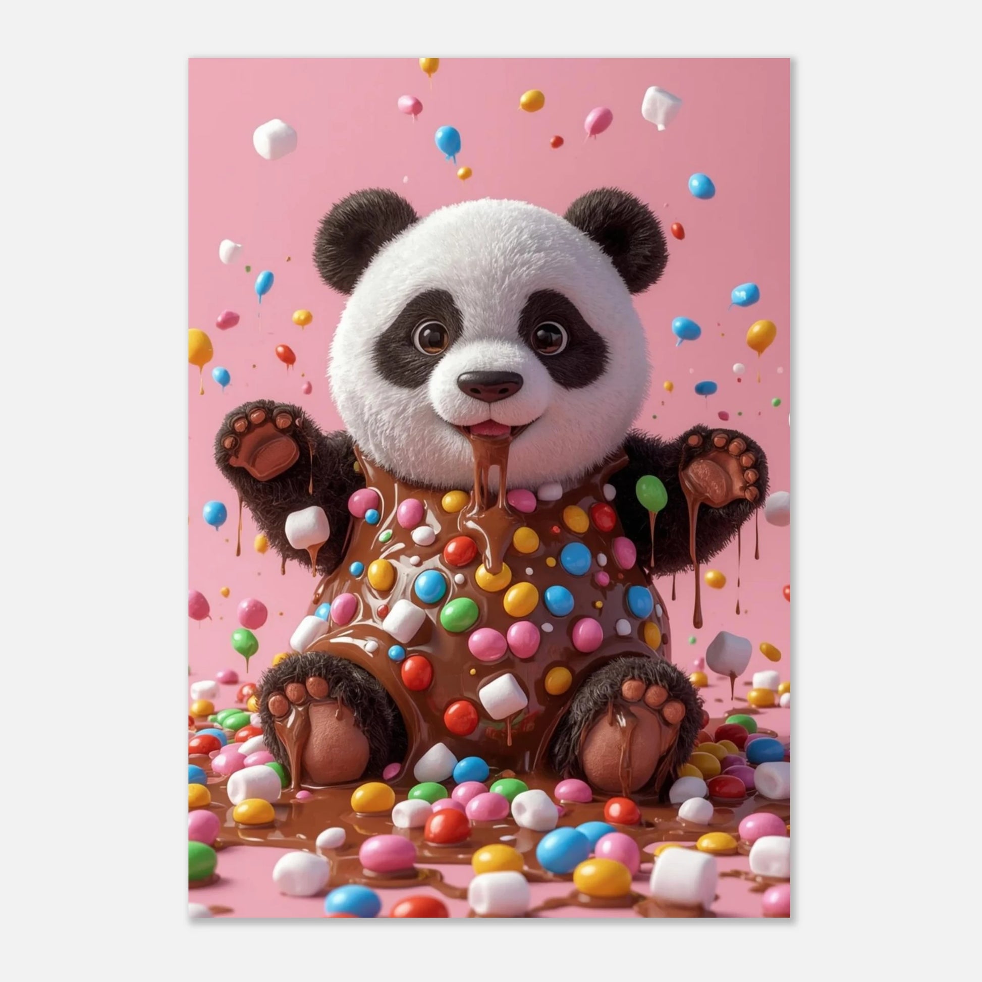 Färgglad barnposter föreställande en panda omgiven av marshmallows och flytande choklad