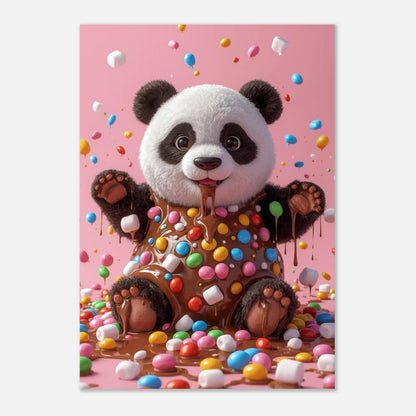 Färgglad barnposter föreställande en panda omgiven av marshmallows och flytande choklad