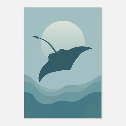 Minimalistisk tavla av en graciös mantarocka i harmoniskt blått hav