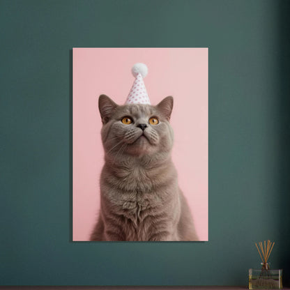 Grå katt i festhatt mot rosa bakgrund, lekfullt motiv