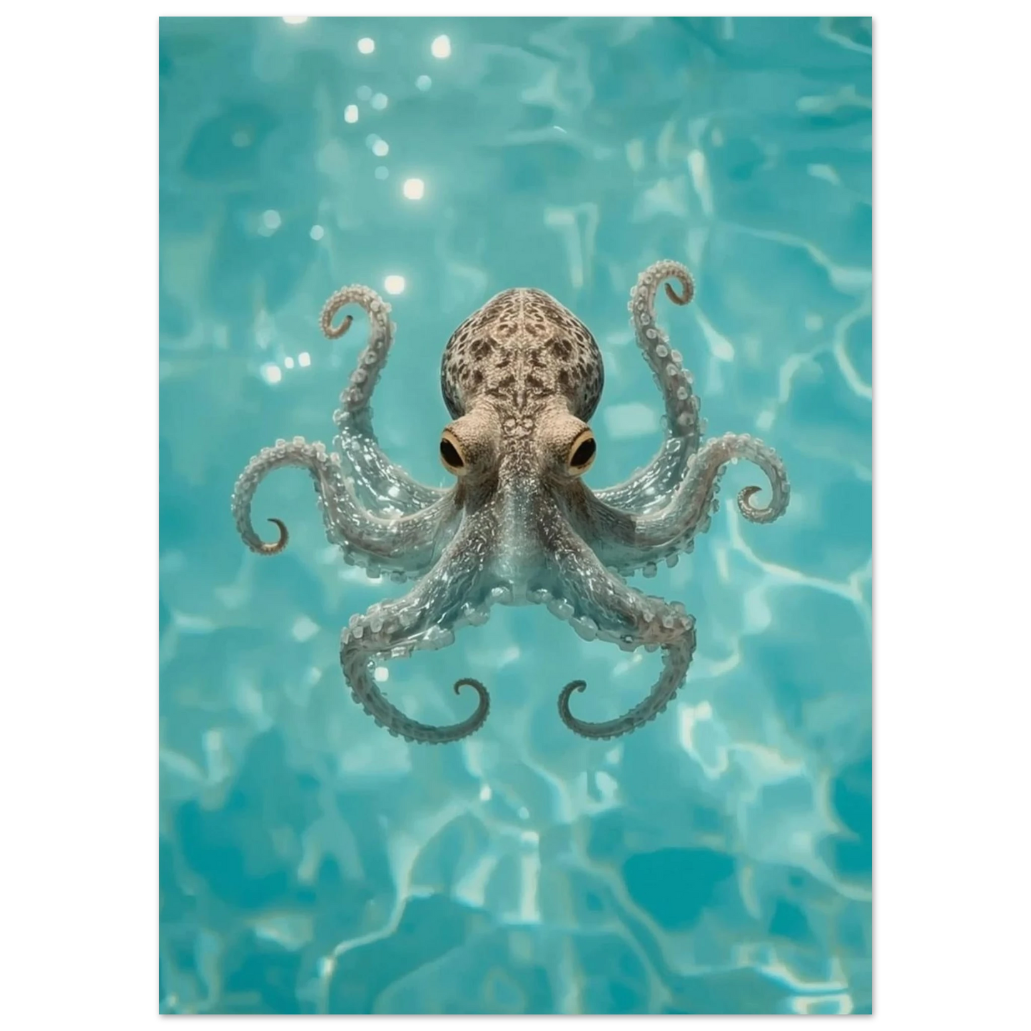 Närbild på bläckfisk som simmar i ljusblått hav, fotorealistisk poster