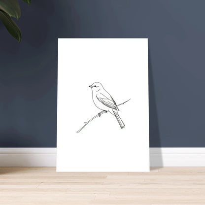 Minimalistisk småfågel på gren, enkel linjeteckning, lugn stämning.
