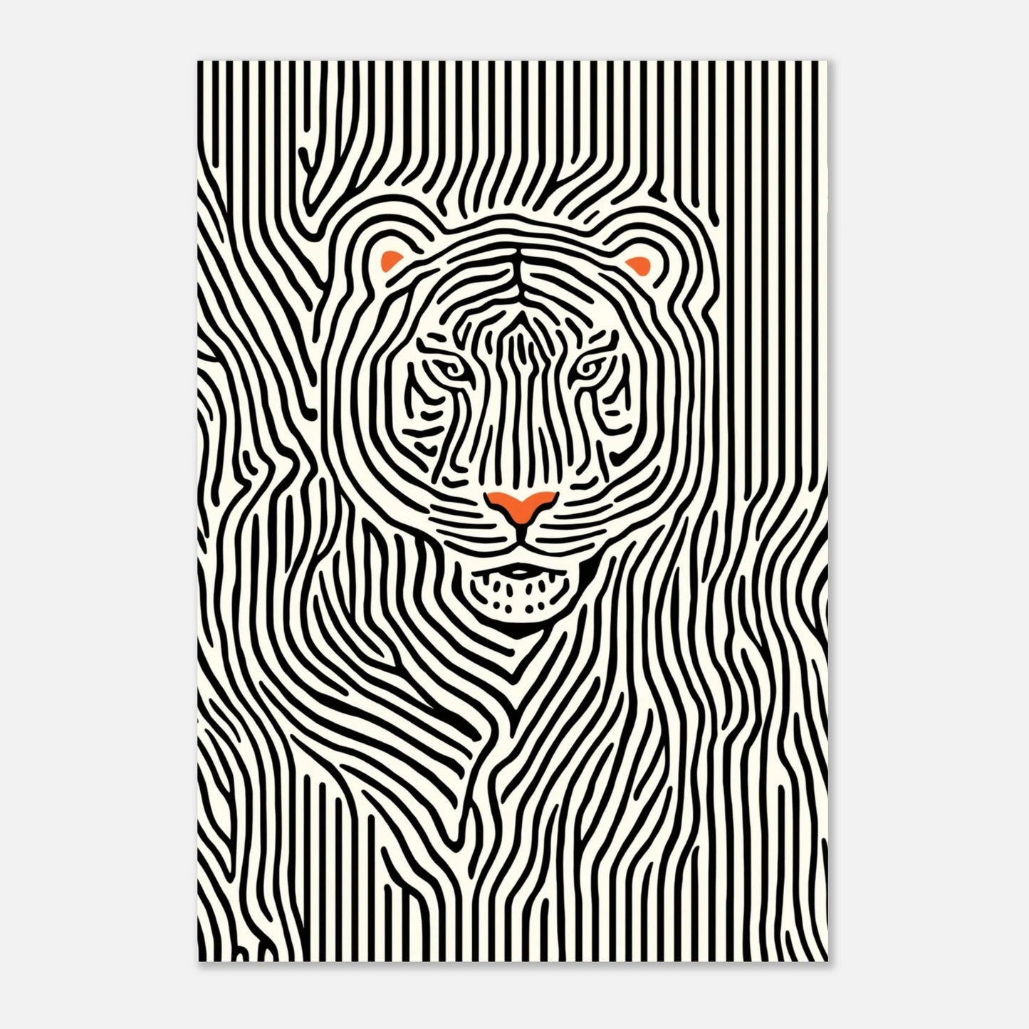 Minimalistisk tigerposter med böljande svarta linjer monterad mot en ljusgrå vägg