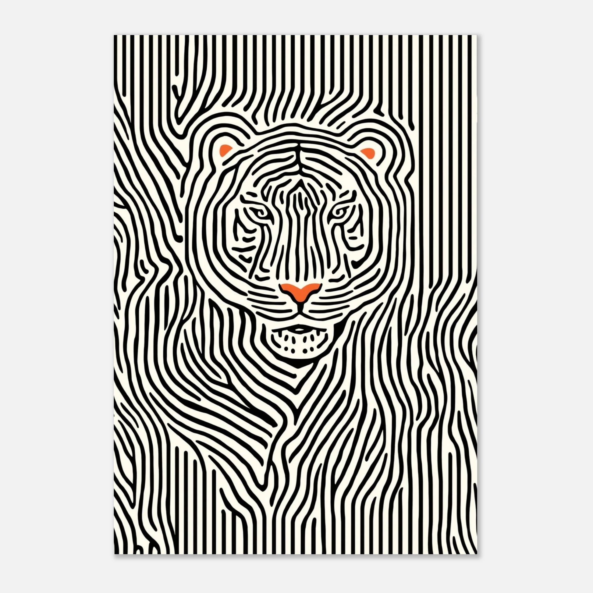 Minimalistisk tigerposter med böljande svarta linjer monterad mot en ljusgrå vägg