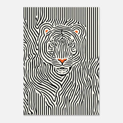 Minimalistisk tigerposter med böljande svarta linjer monterad mot en ljusgrå vägg