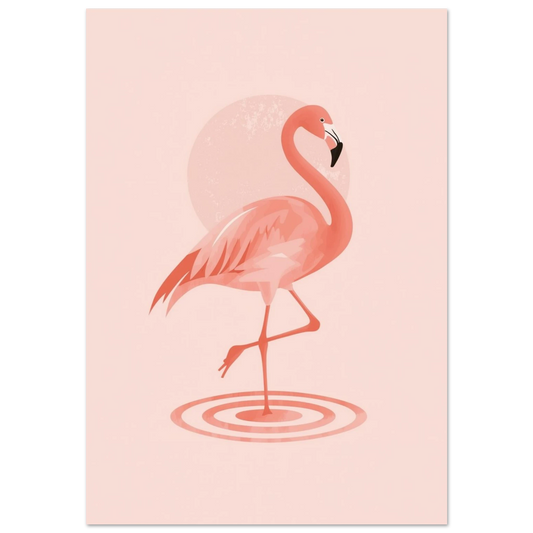 Rosa flamingo på ett ben i vatten – minimalistisk grafisk poster