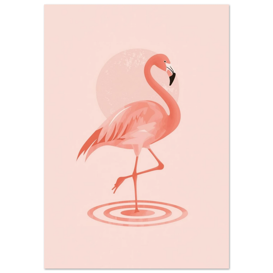 Rosa flamingo på ett ben i vatten – minimalistisk grafisk poster
