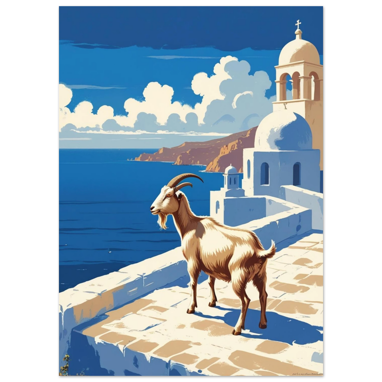 Grekisk get vid vita hus och blått hav – medelhavsmotiv poster