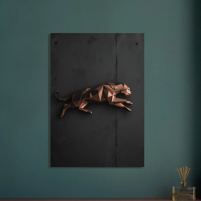 Geometrisk leopard i koppar, elegant och modern djurkonst.