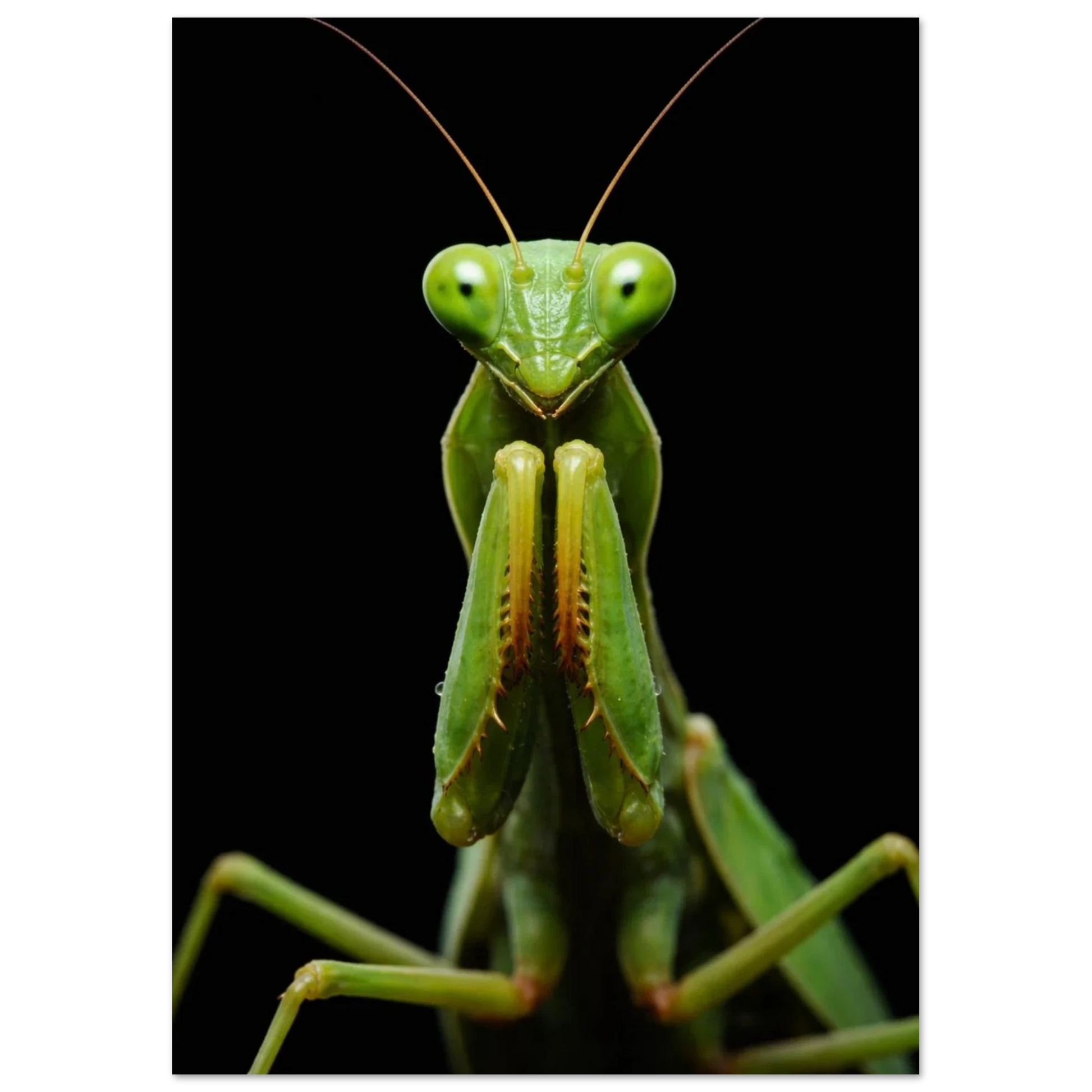 Grön bönsyrsa i makrofoto med ansiktet mot betraktaren och utstickande antenner – Fotorealistisk poster