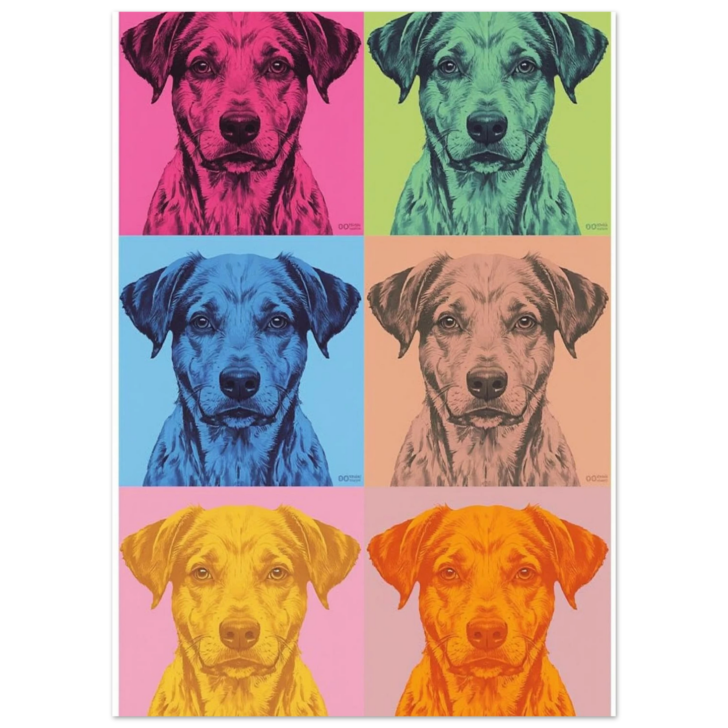 Färgglad tavla med hundporträtt i Andy Warhol-stil med blå bakgrund