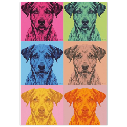 Färgglad tavla med hundporträtt i Andy Warhol-stil med blå bakgrund