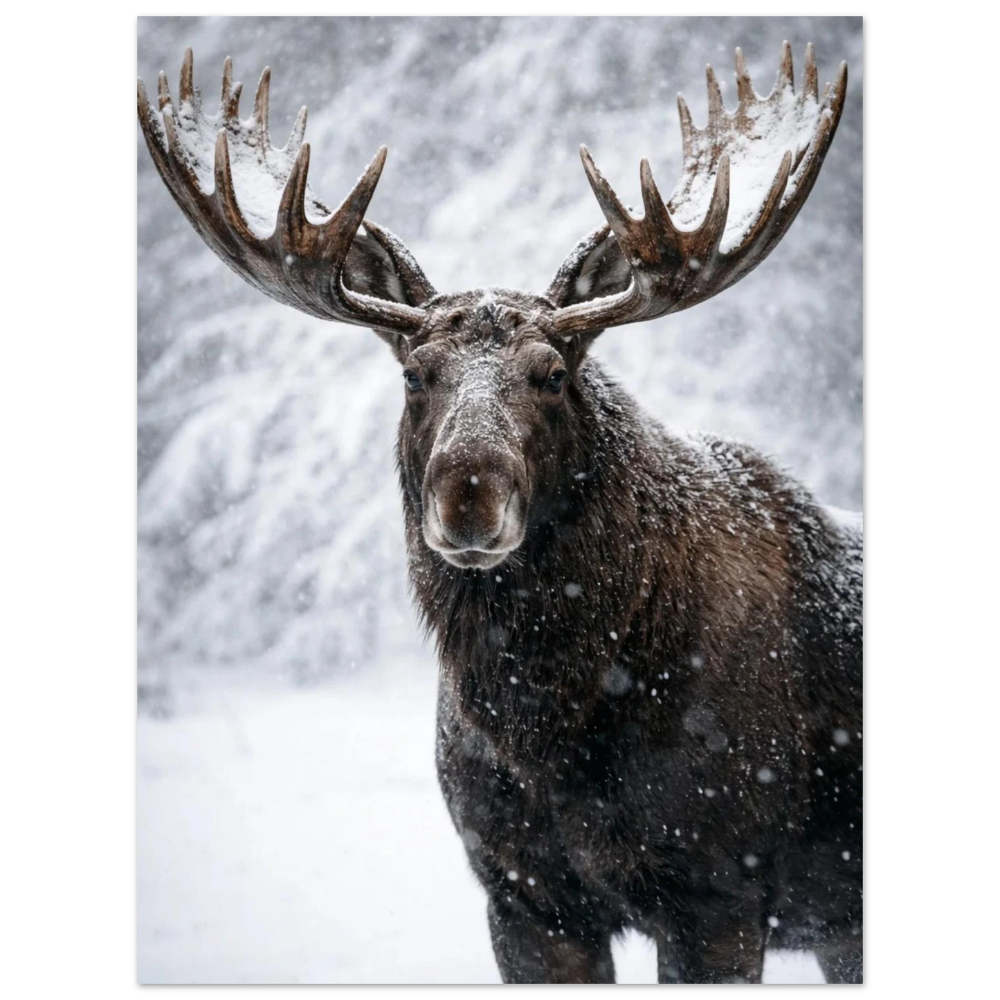 Majestätisk älg porträtterad i fallande snö – fotorealistisk poster