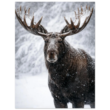 Majestätisk älg porträtterad i fallande snö – fotorealistisk poster